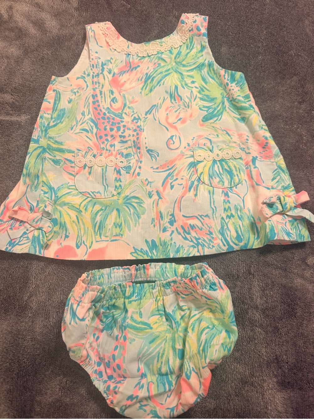 Lilly Pulitzer Pastel Palm & Flamingo Dress with Bloomer - Pink, Mint, Blue